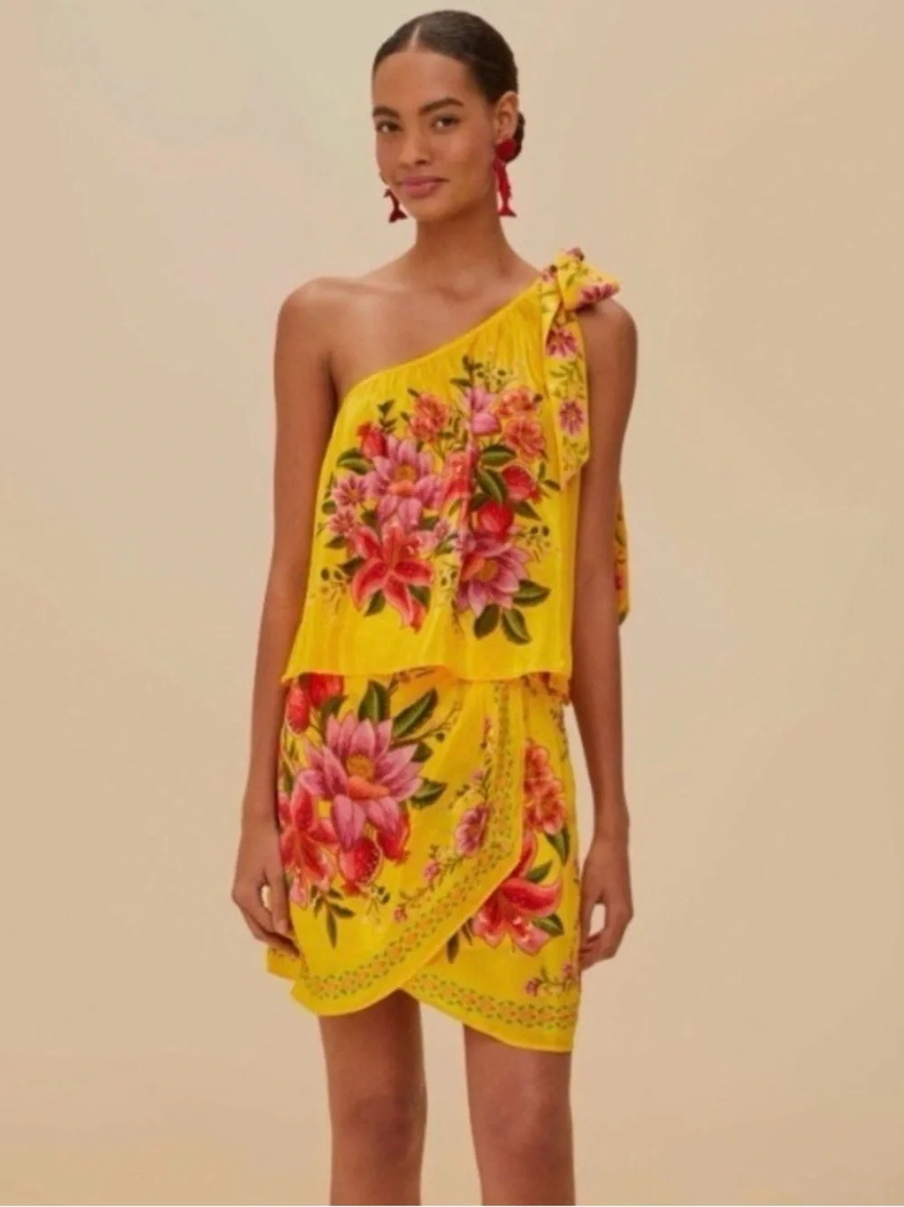 Farm Rio Flower Dream one-shoulder top and matching wrap skirt in yellow floral